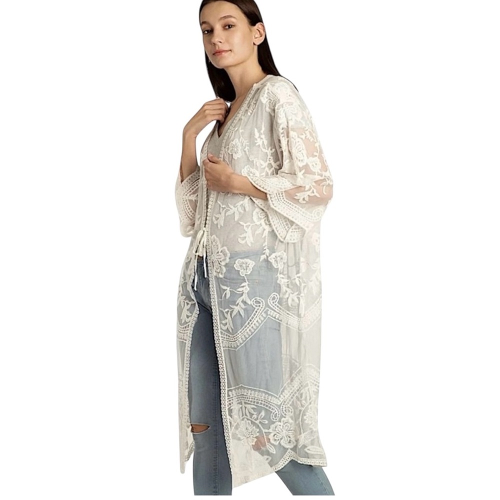 Lace Duster Elegant Sheer Off-White Kimono Cardigan Swim Cover